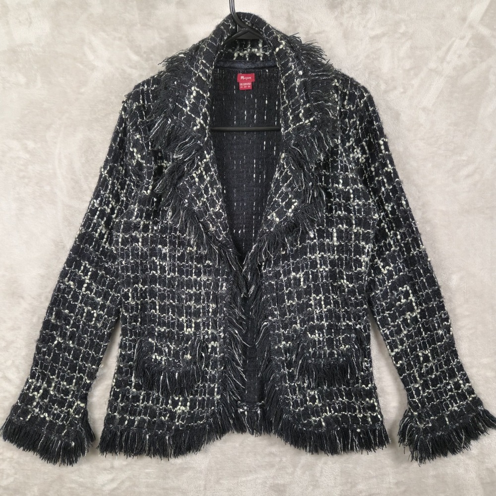 Monsoon Cardigan Jacket Black White Fringe Knit Wool Blend Sz 10 Dark Academia